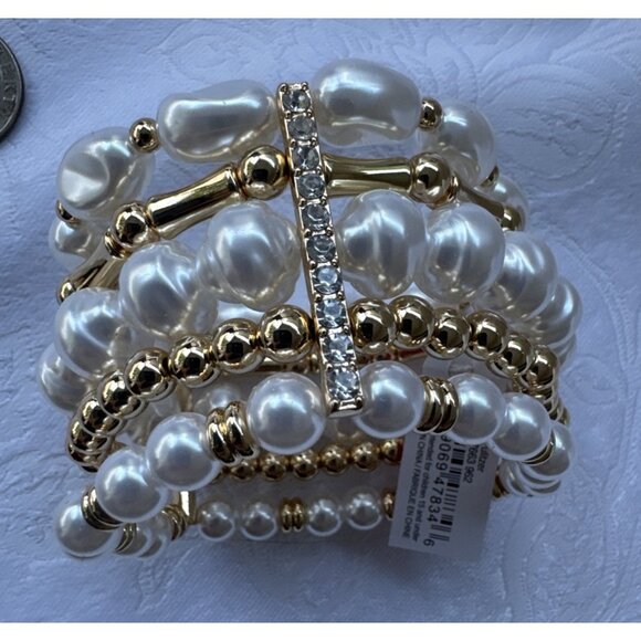 Lilly Pulitzer CZ Cuff Bracelet Gold-tone Rhinestone Faux Pearls Stretch NWT - Picture 10 of 12